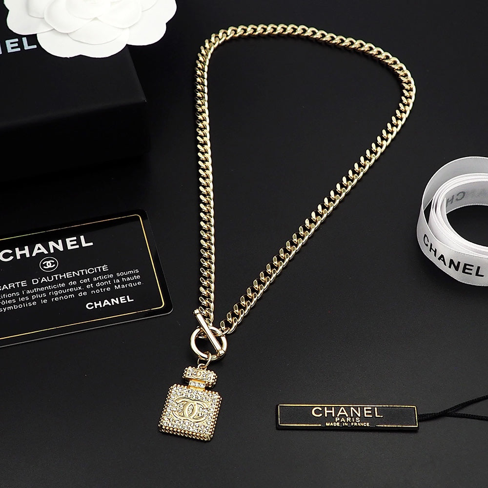 Chanel Diamond Perfume Bottle Pendant 18K Gold Necklace
