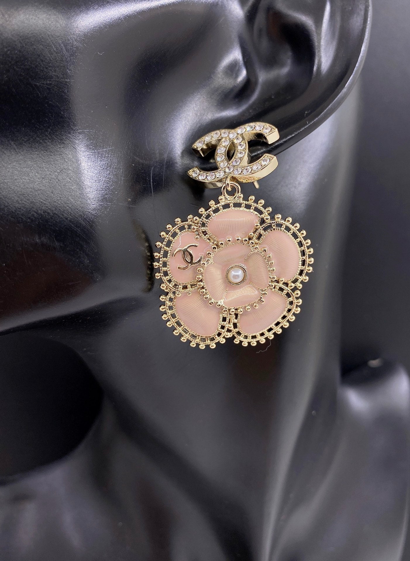 Chanel Pink Flower 18K Gold Earrings
