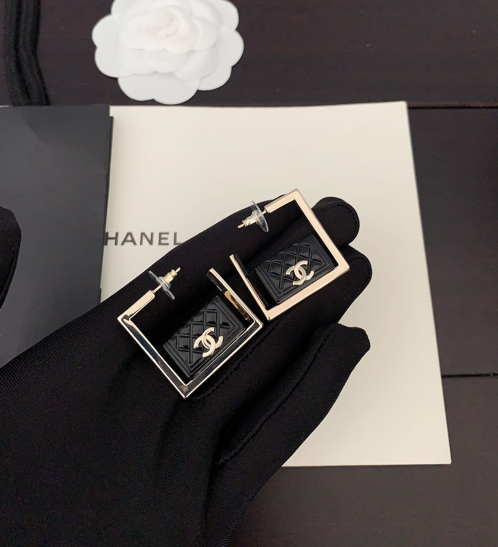 Chanel Black Bag Pendant 18K Gold Earrings