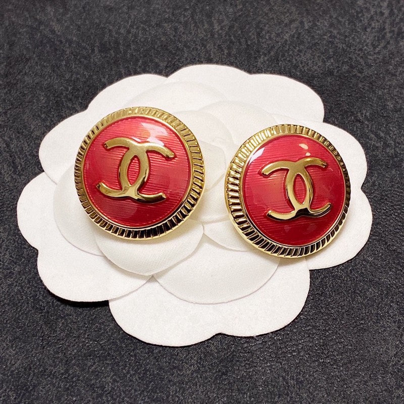 Chanel Pink Round 18K Gold Earrings