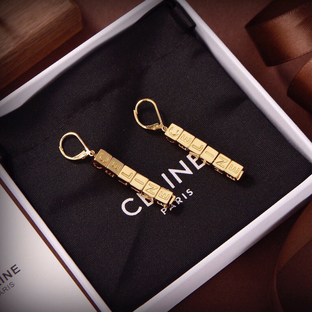 Celine Script Cube 18K Gold Earrings