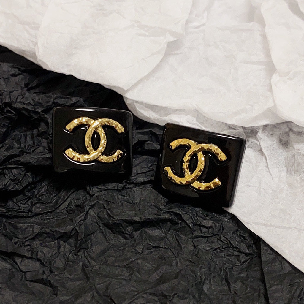 Chanel Black Resin Square 18K Gold Earrings